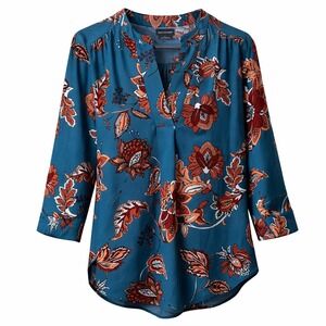 Van Heusen Teal Floral Blouse Women's Medium Split Neck 3/4 Sleeve